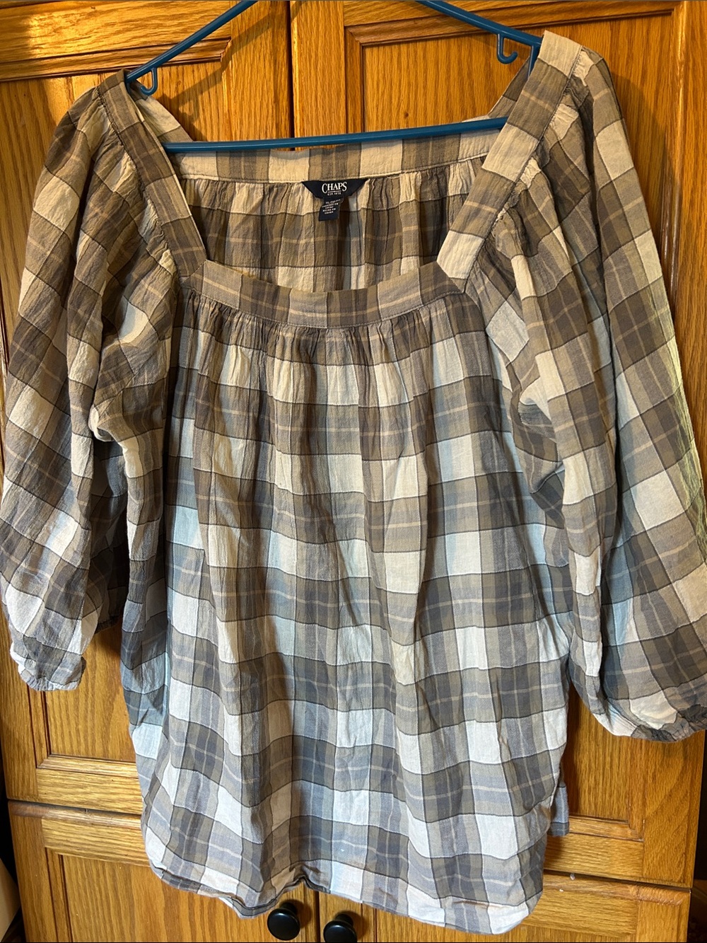 Chaps Plaid Square-Neck Tunic in Brown and Cream